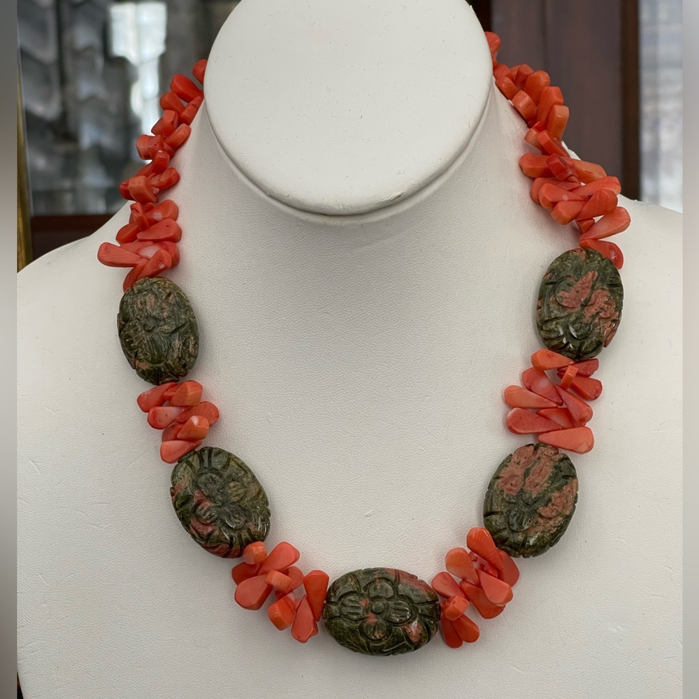 Carved natural unakite red coral bead solid sterling silver necklace